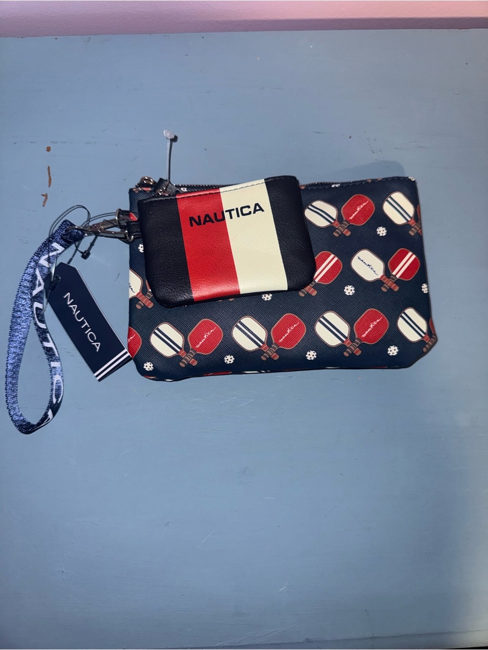 Nautica Navy Paddle Print Wristlet with Red, White & Navy Coin Pouch